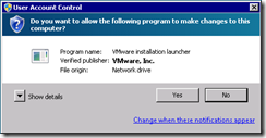 User Account Control consent dialog showing VMware, Inc. as "Verified publisher"